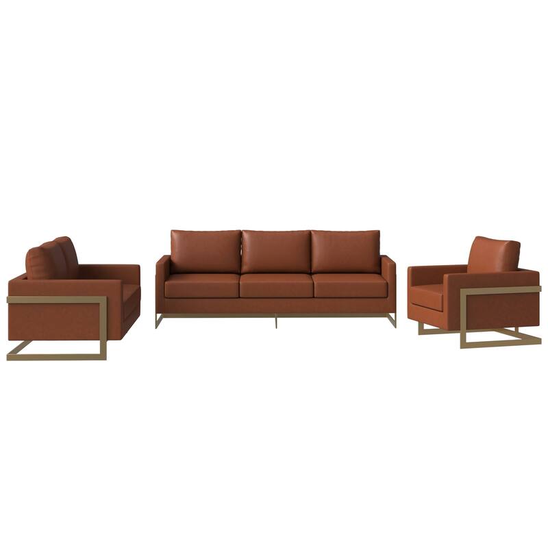 3-Piece Leather Sofa Set with Gold Stainless Steel Base and Removable Cushions