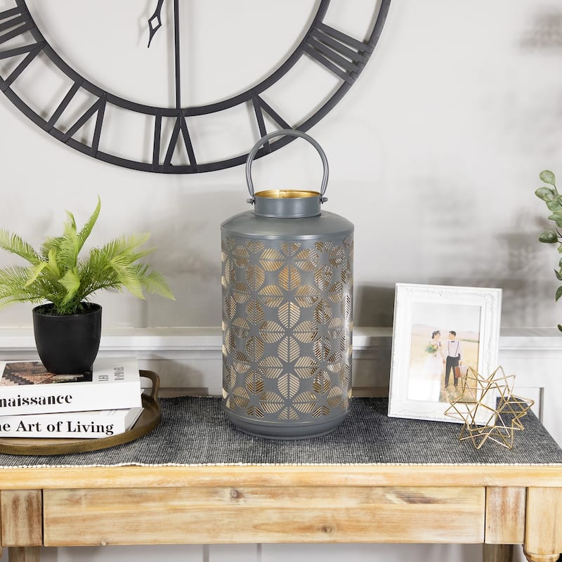 Laser-Cut Large Iron Candle Lantern with Handle - 15.25" - Gray and Gold