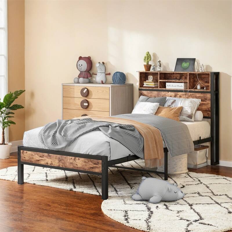 Twin Size Bed Frame with Storage Headboard,Platform Bed with Charging