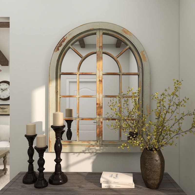 Gray Wood Window Pane Inspired Room Wall Mirror with Arched Top and Distressing