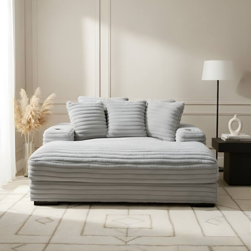 Cocoon Faux Fur Corduroy Oversized Chaise Lounge with Cupholders and USB/USB-C - Grey
