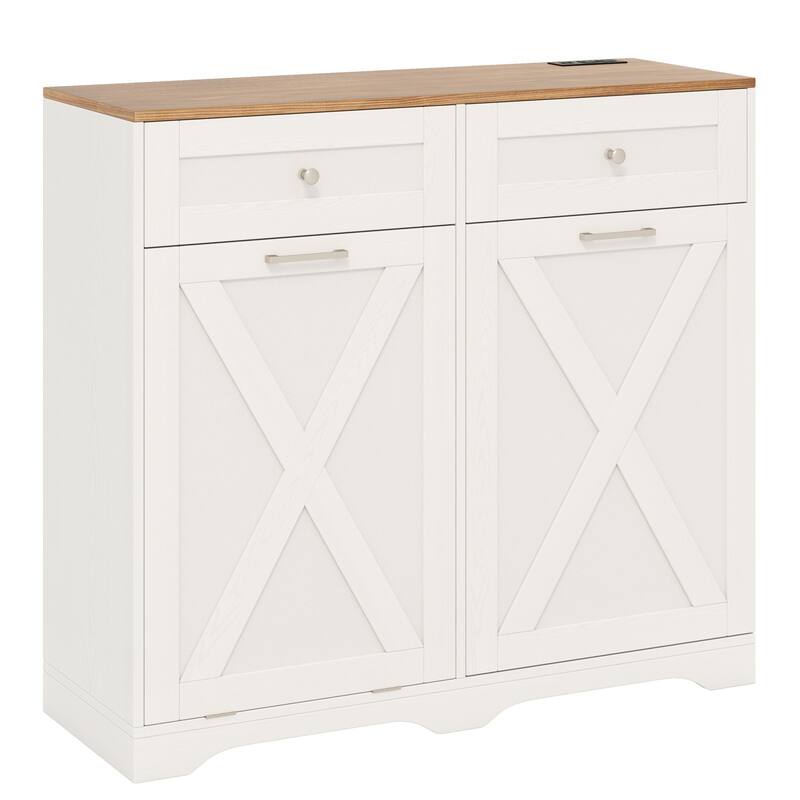 Gymax Tilt Out Trash Can Cabinet w/ Outlets 2 Drawers Adjustable Shelf