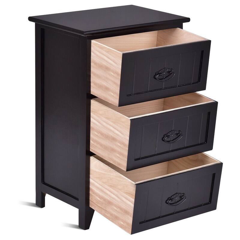 Gymax 3 Drawers Nightstand End Table Storage Wood Side Bedside Black