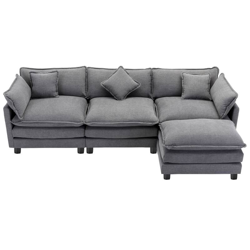 112.2" L-Shape Chenille 4 Seat Sectional Sofa with Removable Ottoman and 5 Plush Pillows, Modern Luxury Couch