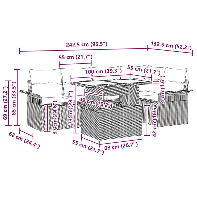 vidaXL 6 Garden Sofa Set with Cushions Black/Brown/Grey Poly Rattan - 95.5 x 52.2 x 27.2