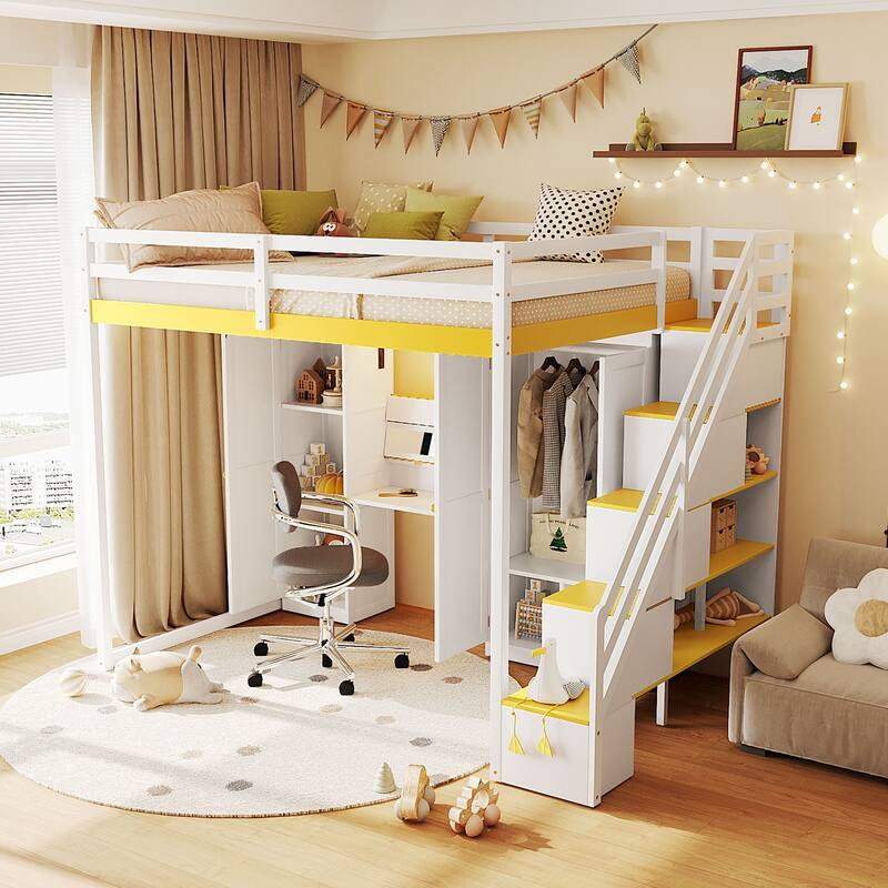 Full Size Loft Bed Frame for Kids with Storage Staircase, Wardrobe, Cabinets, USB, LED and Dressing Table with Mirror and Drawer