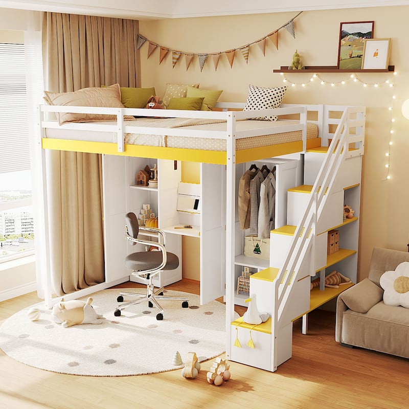 Full Size Loft Bed with Storage Staircase, Built-in Dressing Table, Mirror & Wardrobe - USB Charging & Lights - White