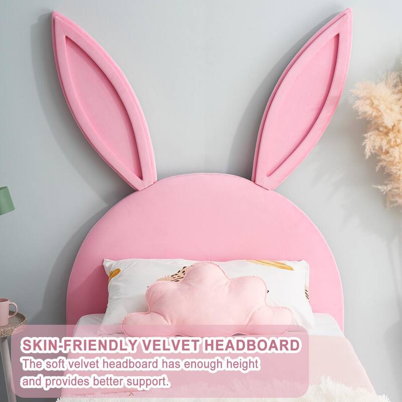 VECELO Wooden Cute Rabbit Twin Bed Frame with Upholstered Headboard, Kids Bed Frame