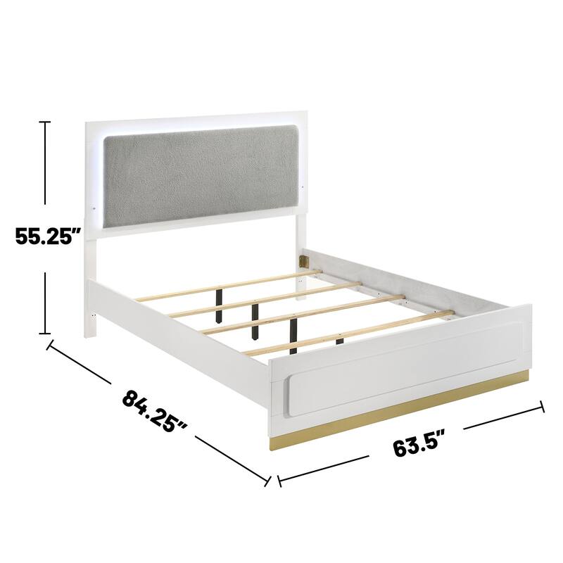 Upholstered Panel Bed with LED Lighting in White