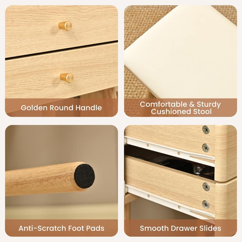 Small Vanity Desk with 3 Modes Lighted Mirror & Stool, Compact Vanity with 6-Grid Organizer