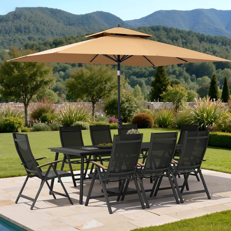 11PC Outdoor Patio Dining Set WoodLike Aluminum Umbrella Hole Table with Folding Chair,Double Top Market Umbrella and Wheel Base - BlackTable&BlackChairs&TanUmbrella