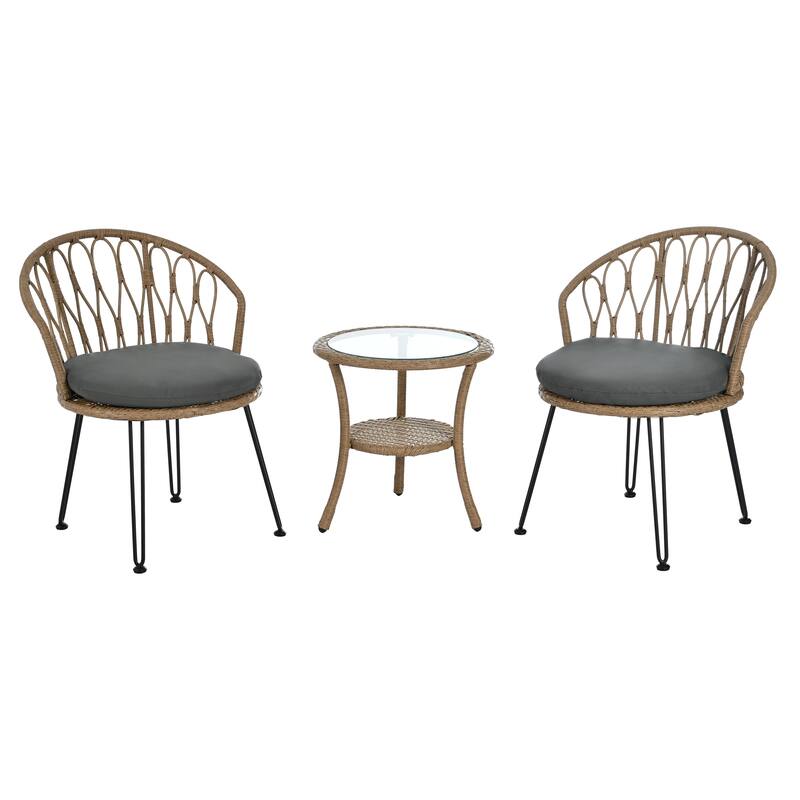Outdoor 3 Piece Casual Dining Table Set Glass Round Coffee Table with Storage Rack and 2 Rattan Chairs with Cushions