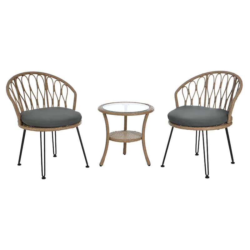 Outdoor Leisure Set, 2 Rattan Single Chairs with 1 Glass Round Table