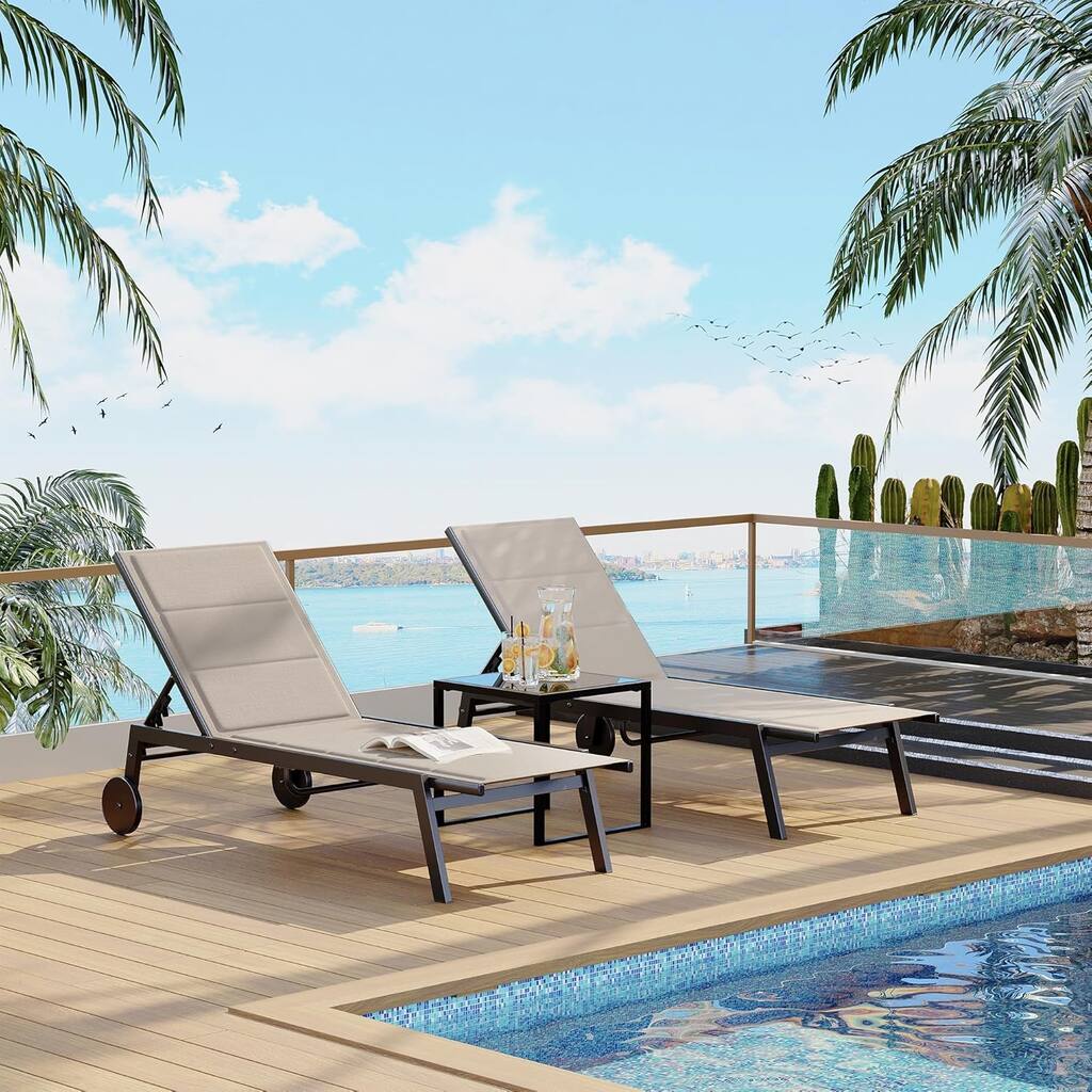 3-Piece Patio Lounge Chairs with Wheels,Patio Chaise Lounge Chairs With Side Table