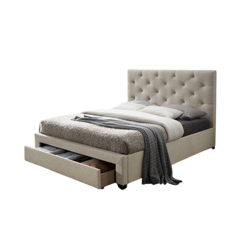 Sya King Size Bed w Button Tufted Upholstery, Underbed Storage, Beige