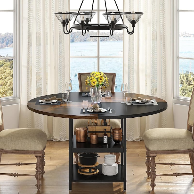 47 inch Dining Table for Dining Room, 4 People Round Dinner Table - Black & Brown