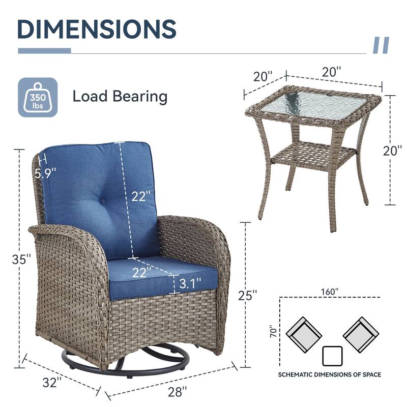 Gymojoy Swivel Patio Chair & Table 3 Piece Outdoor Furniture Set