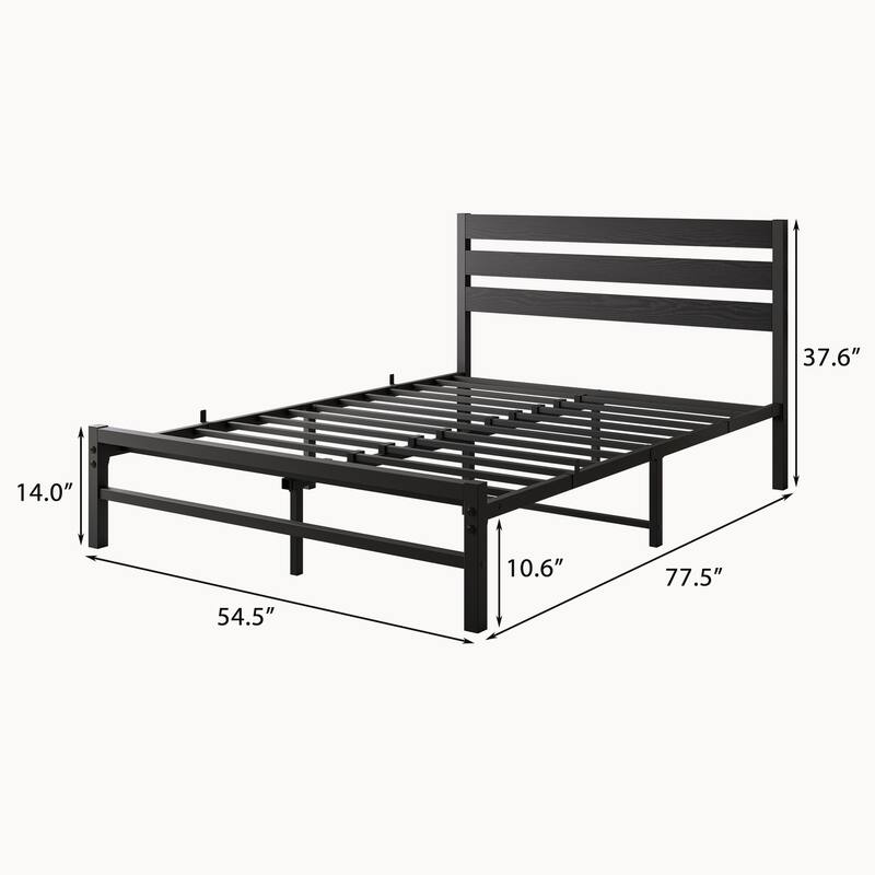Industrial Vintage Bed Frame for Twin/Full/Queen Mattress, Strong Metal Slats, Wood Headboard, and Under-Bed Storage