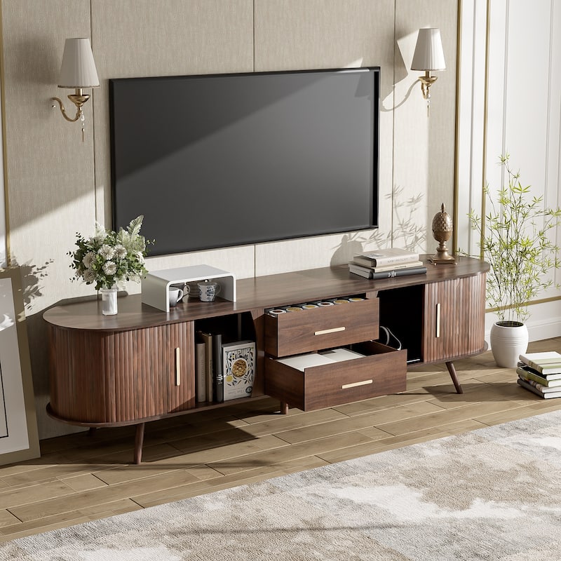 Anmytek Walnut TV Stand Media Console with Sliding Doors Drawers Modern Rustic Storage