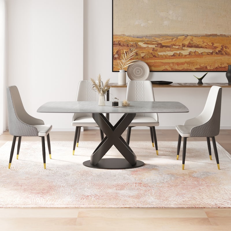 Marble Dining Table, Slate Panel with Metal Pedestal
