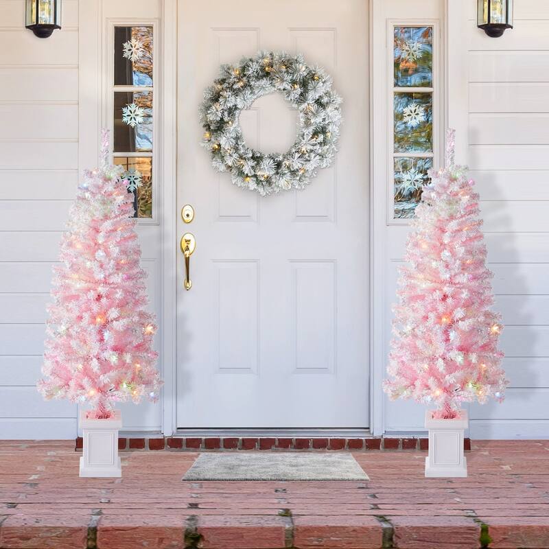 Glitzhome 4ft/5ft Pre-Lit Flocked Pink Artificial Christmas Porch Tree with Foot Pedal LED Lights