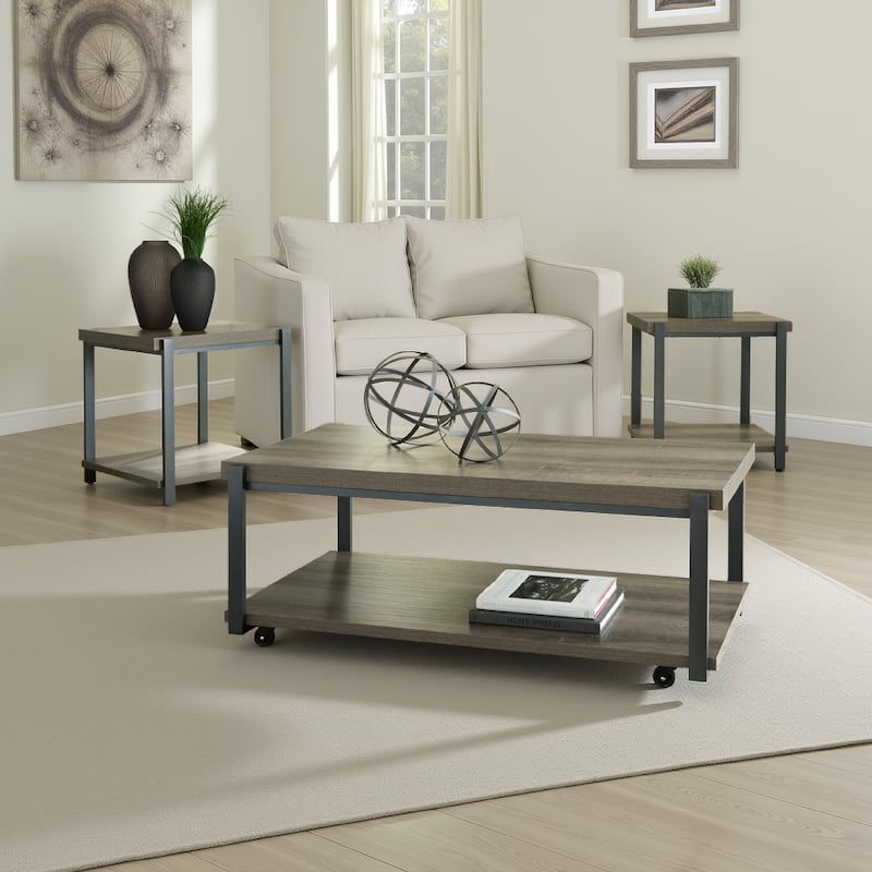 Jeni 3pc Coffee and End Table Set, Shelf and Casters, Gray Black Metal