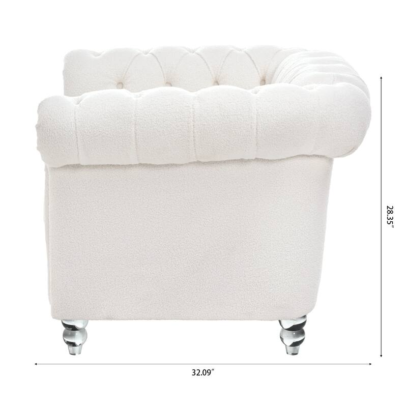 White Teddy Modern 38.98" Upholstered Buttons Tufted Accent Chair with Gourd Shaped Birch Legs and Nailheads