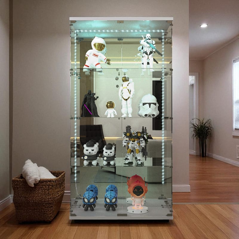 65" Tempered Glass Display Cabinet with Mirror Back, Bluetooth LED Lights, Lockable Doors, Liquor & Storage Cabinet - White