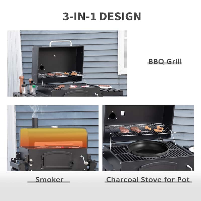 Outsunny Charcoal Grill BBQ with Adjustable Charcoal Height, Portable Barbecue Smoker with Folding Shelves, Thermometer
