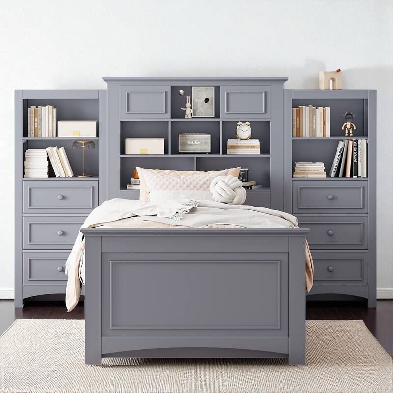 Twin Size Wood Platform Bed with 4 Drawers and All-in-One Cabinet, Storage Headboard Included - Grey - Twin