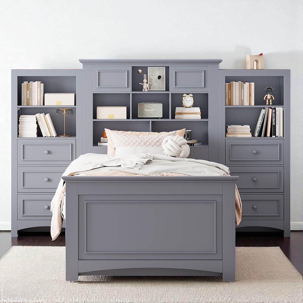 Twin Size Wood Platform Bed with 4 Drawers and All-in-One Cabinet, Storage Headboard Included