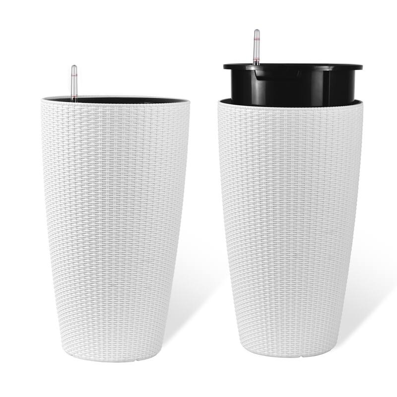 Set of 2 Faux Rattan Tall Planters Outdoor Indoor Large Planters with Water Level Monitor Inner Bucket,Automatic Watering
