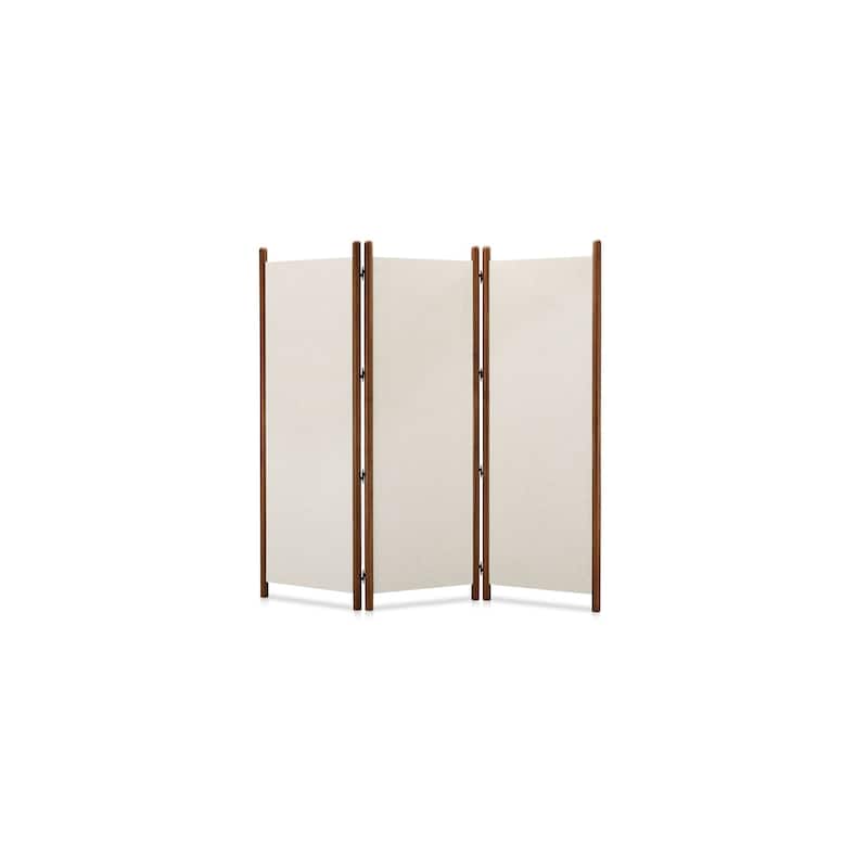 Luca Screen, Linen-Blend Fabric Panels with Solid Rubberwood Frame, Walnut-Stained Posts, Off White
