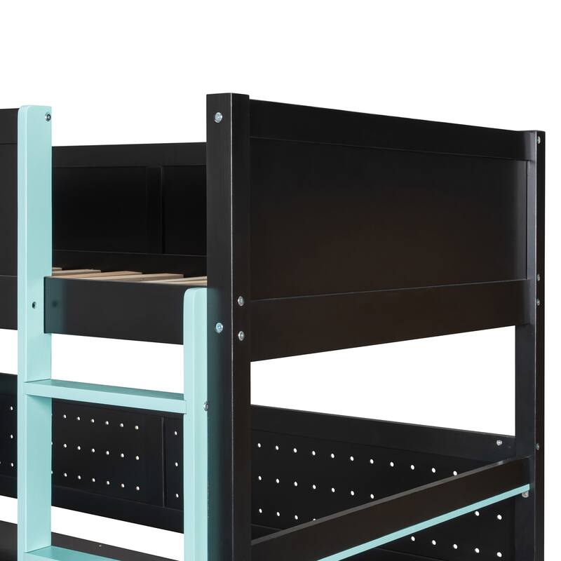 Gaming Loft Bed with Recessed Table Cabinet Pegboard Storage Stairs