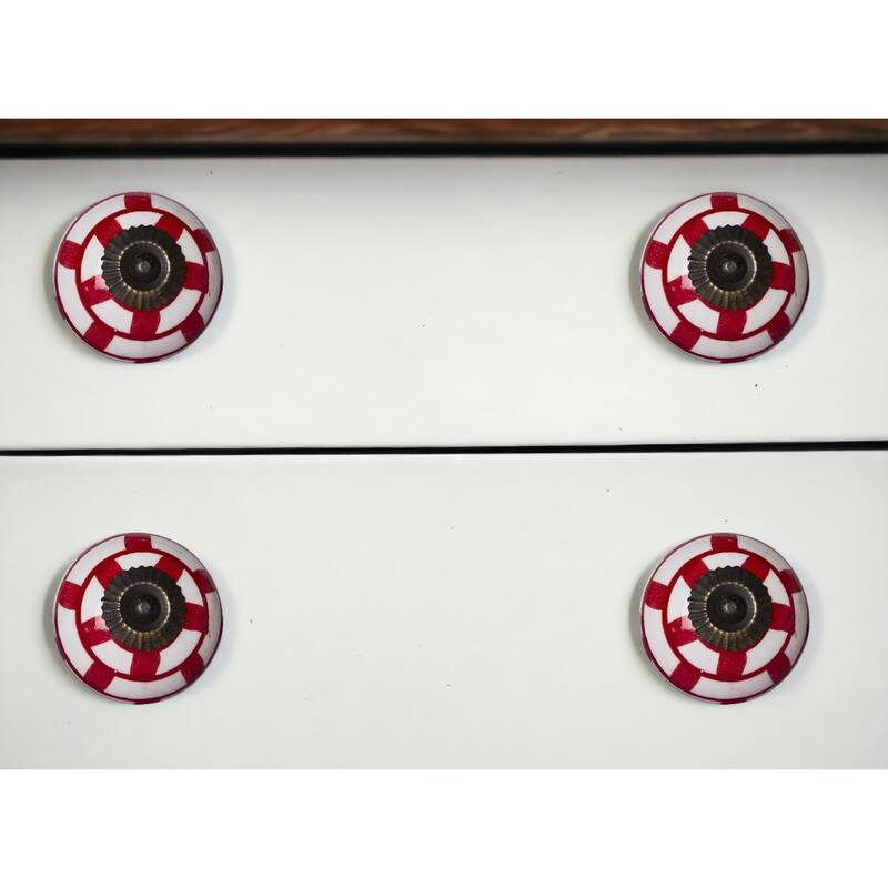 Set of 12 Round Red White Geometric Ceramic Cabinet Drawer Pulls Knobs with Copper Finish - 1.5” x 1.5” x 1.5”