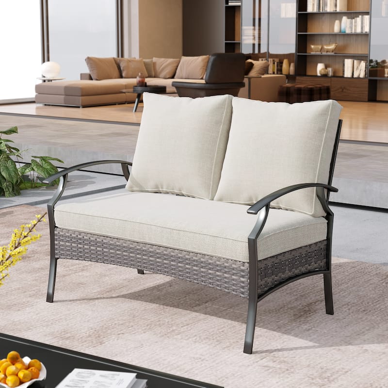 Uixe Outdoor Patio All-Weather Wicker Loveseat with Cushions - Beige