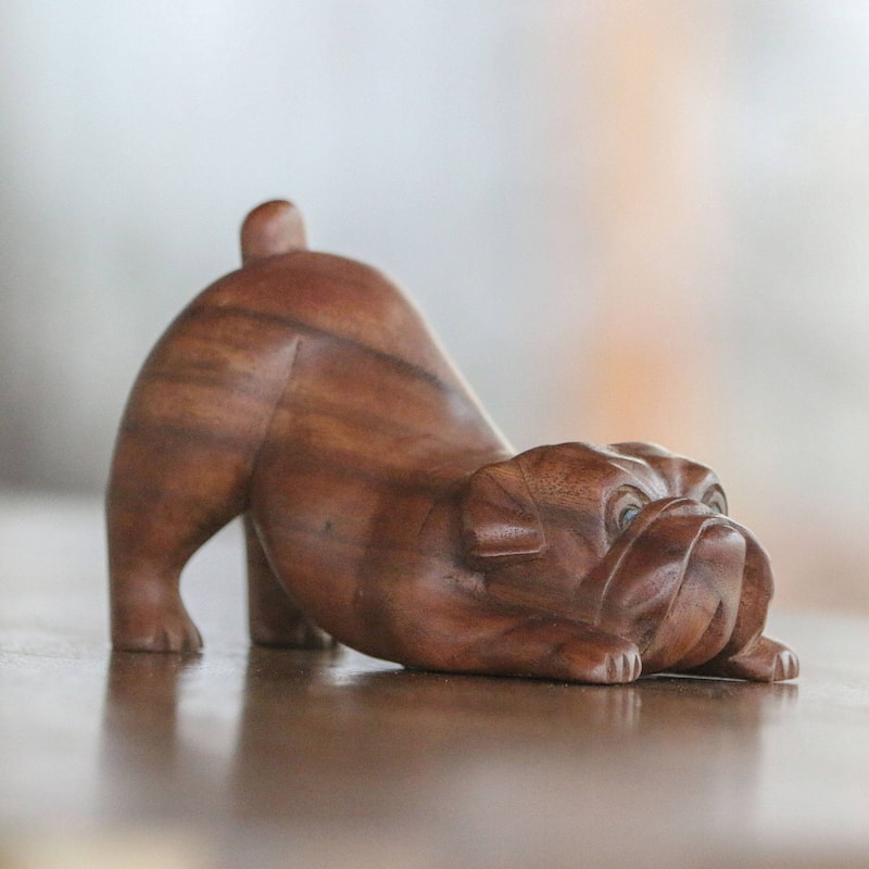 Novica Handmade Bulldog Wood Sculpture - 4.7" H x 7.75" W x 3.9" D