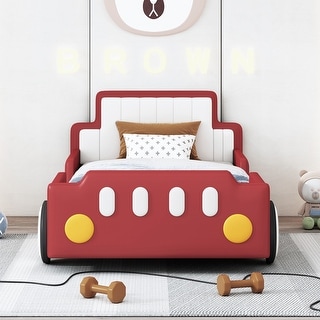 Race Car-Shaped Platform Bed, PU Leather Upholstered Grounded Bed, Wood Low Profile Panel Bed with Wheels