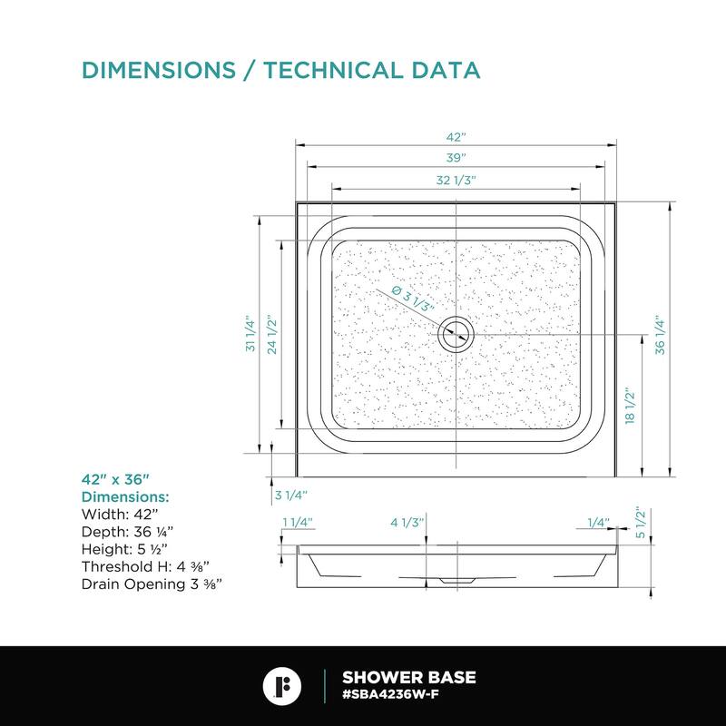 Fine Fixtures Single Threshold Acrylic Shower Base - Non-Slip Textured Surface Shower Floor Pan