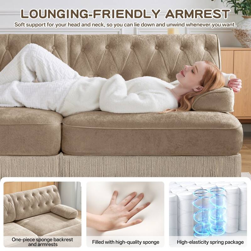 106" Velvet Sectional Sofa with Tassel Skirt Design and Ottoman