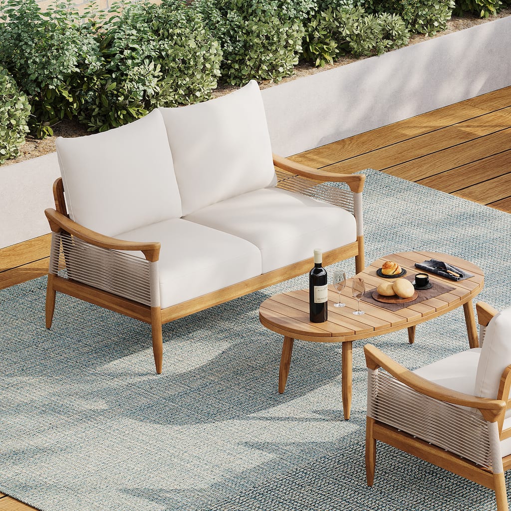 Christopher Knight Home - 2-Piece Patio Conversation Set with Woven Rope Loveseat, Cushions & Acacia Wood Coffee Table