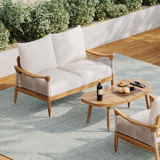 Christopher Knight Home - 2-Piece Patio Conversation Set with Woven Rope Loveseat, Cushions & Acacia Wood Coffee Table