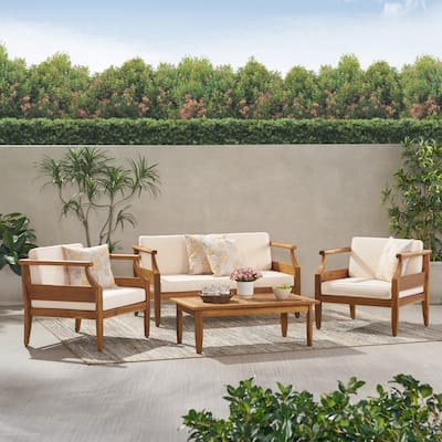 Aston Outdoor Mid-Century Modern Cushioned Acacia 4-seat Chat Set by Christopher Knight Home