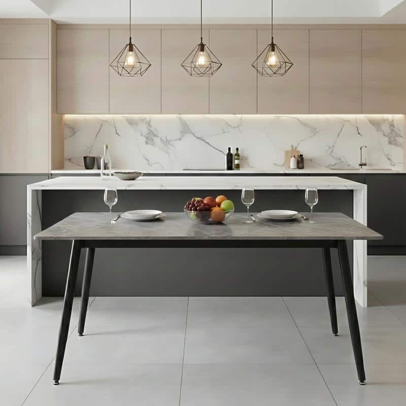 Zayle Mid-Century Modern Glass or Sintered Stone Rectangular Dining Table with Powder-Coated Steel Finish for Kitchen
