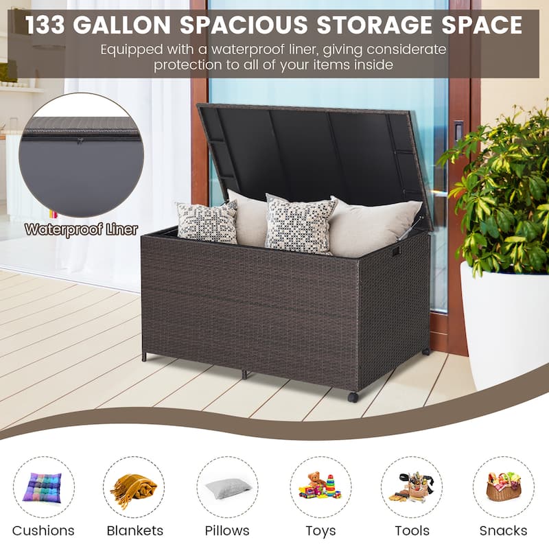 Gymax 133 Gallon Outdoor PE Wicker Storage Box Mix Brown Rattan Deck