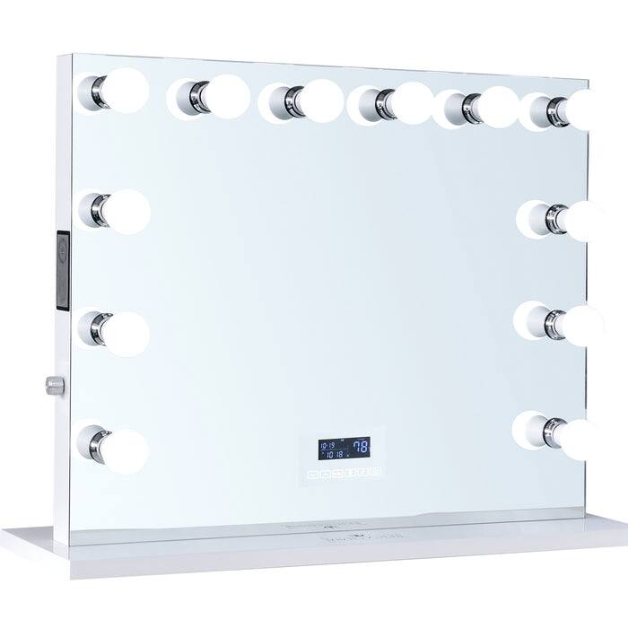 ReignCharm Hollywood Vanity Mirror with Bluetooth Speakers, 12-LED Bulbs, 32"W x 27"H - White
