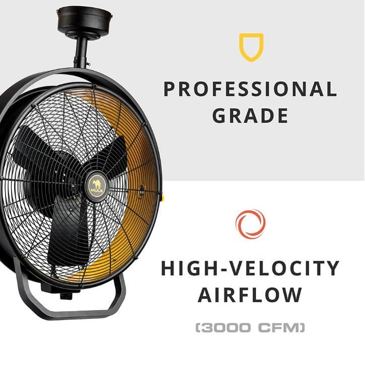18" Mule Jet Black and Yellow Damp-Rated Garage Ceiling Fan - 18 Inches