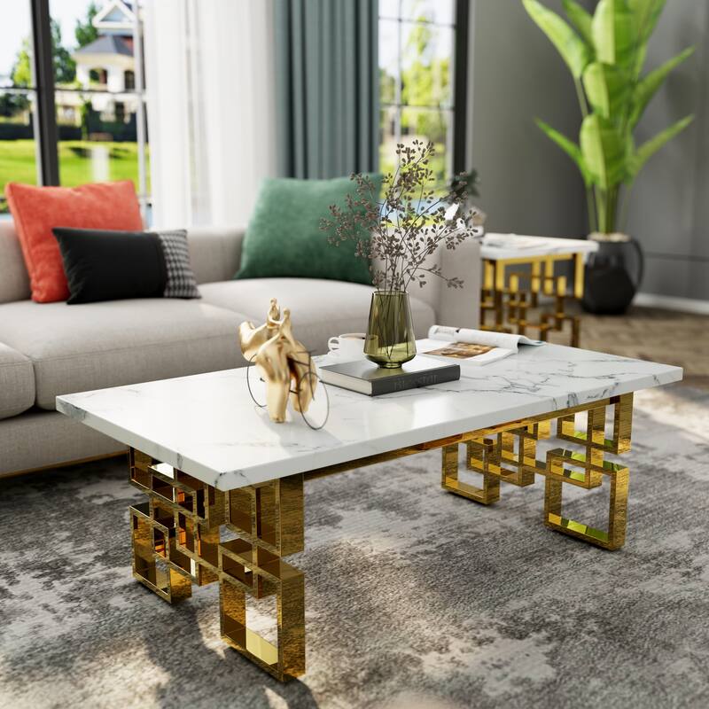 Faux Marble Coffee Table with Metal Legs for Living Room Office