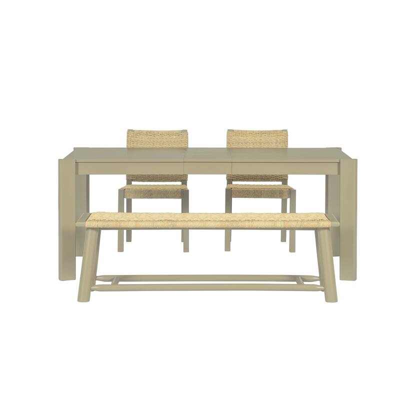 Farmhouse 4-Piece Dining Table Set for 3-4, Extendable Wood Table with 2 Rattan Chairs & 1 Bench for Dining Room, Kitchen