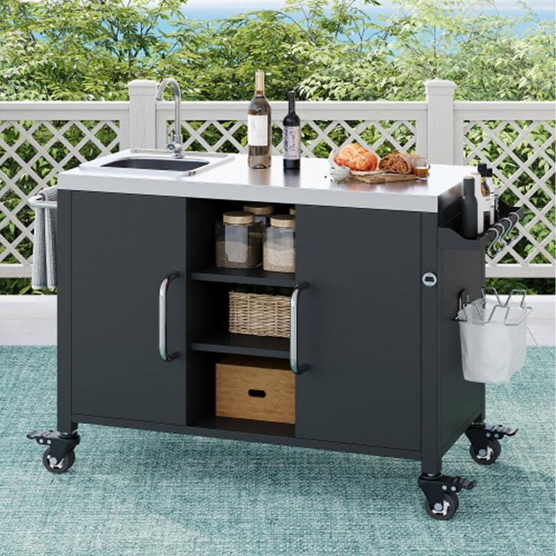 54.5" Outdoor Kitchen Island, Grill Cart Table with Storage Cabinet, Spice Rack and Towel Rack, Outdoor Bar Cart for Outside BBQ
